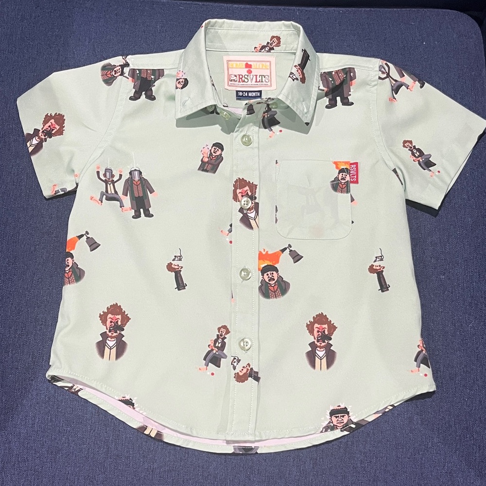 RSVLTS Kids Button Down Shirt - Light Green with Home Alone Characters